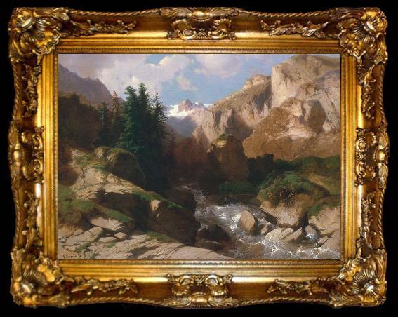 framed  Alexandre Calame Mountain Torrent oil on canvas painting by Alexandre Calame, about 1850-60, ta009-2